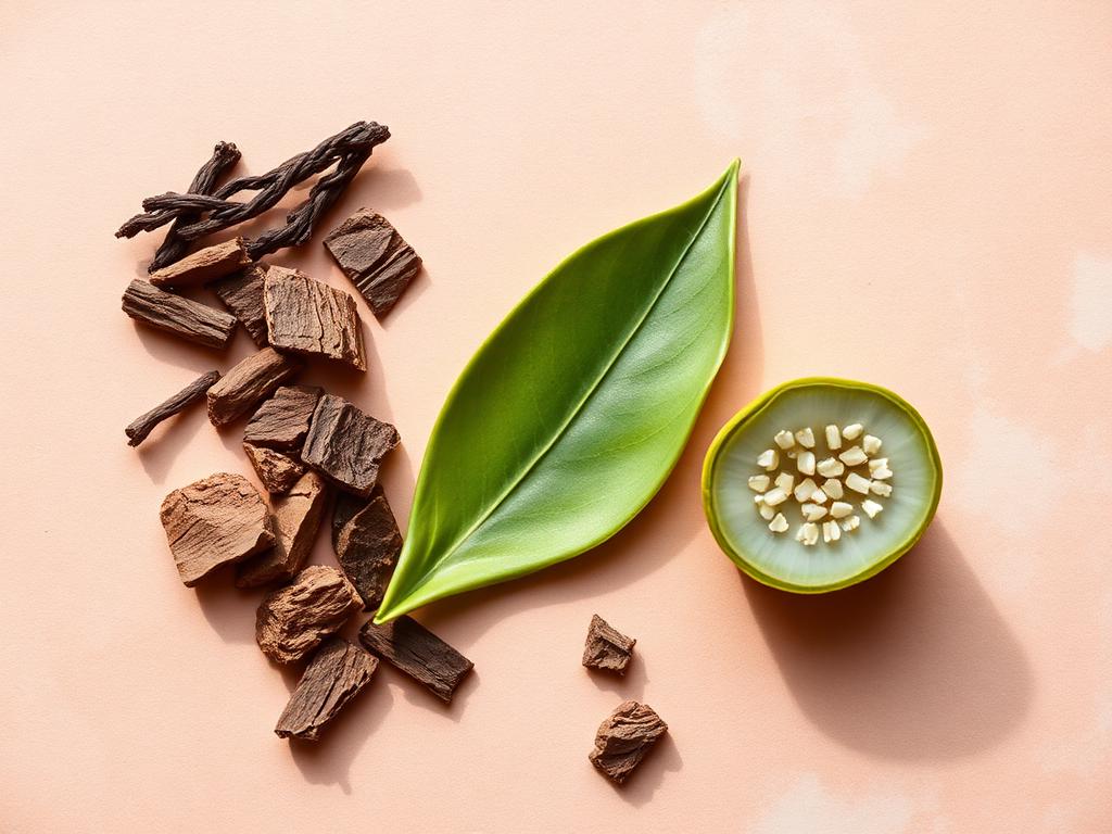 Cascara sagrada bark, buckthorn bark and a sliced Cape aloe leaf on a blush surface.