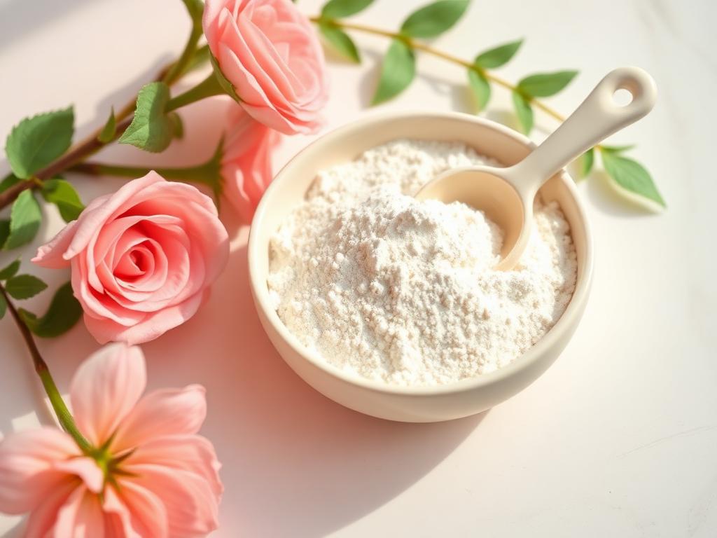 Neutral collagen peptide powder in a cream dish with a small scoop.