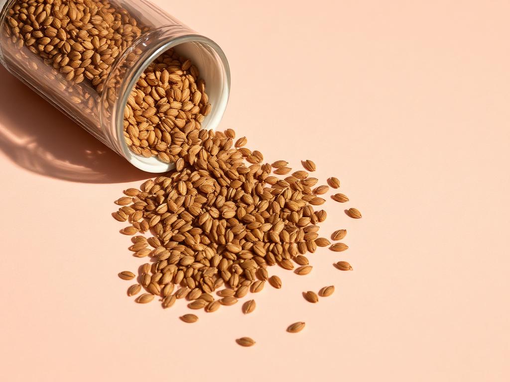 Golden brown flaxseeds spilling across a soft blush surface.