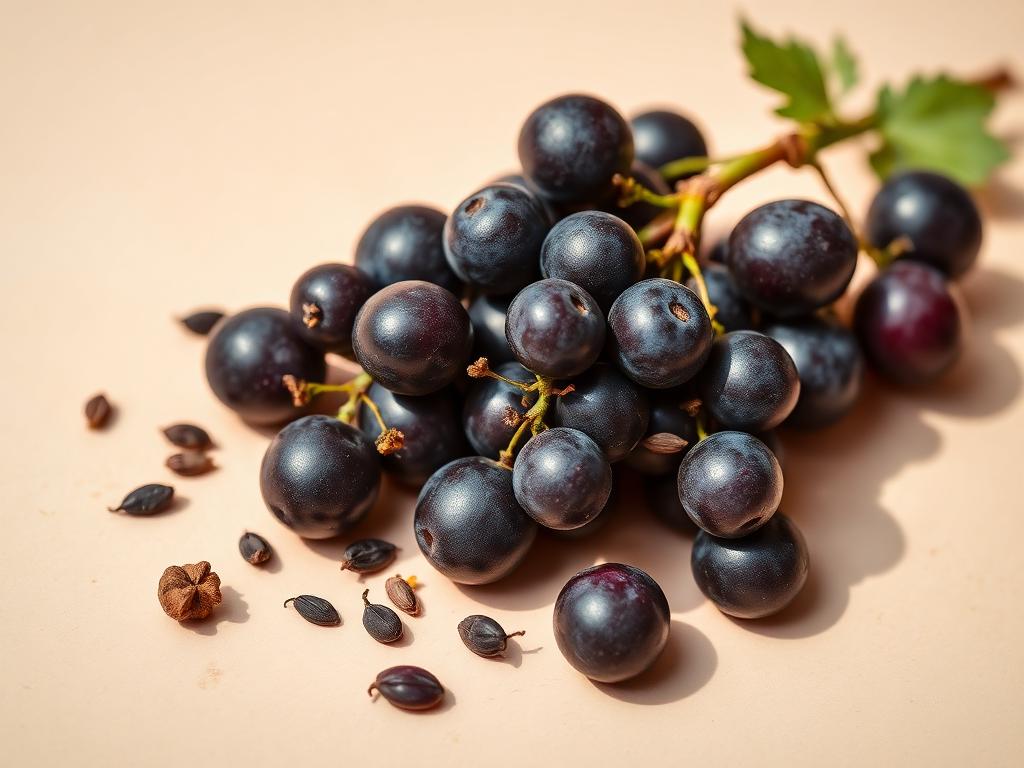 Dark red grapes with grape seeds and Japanese knotweed root pieces on a blush surface.