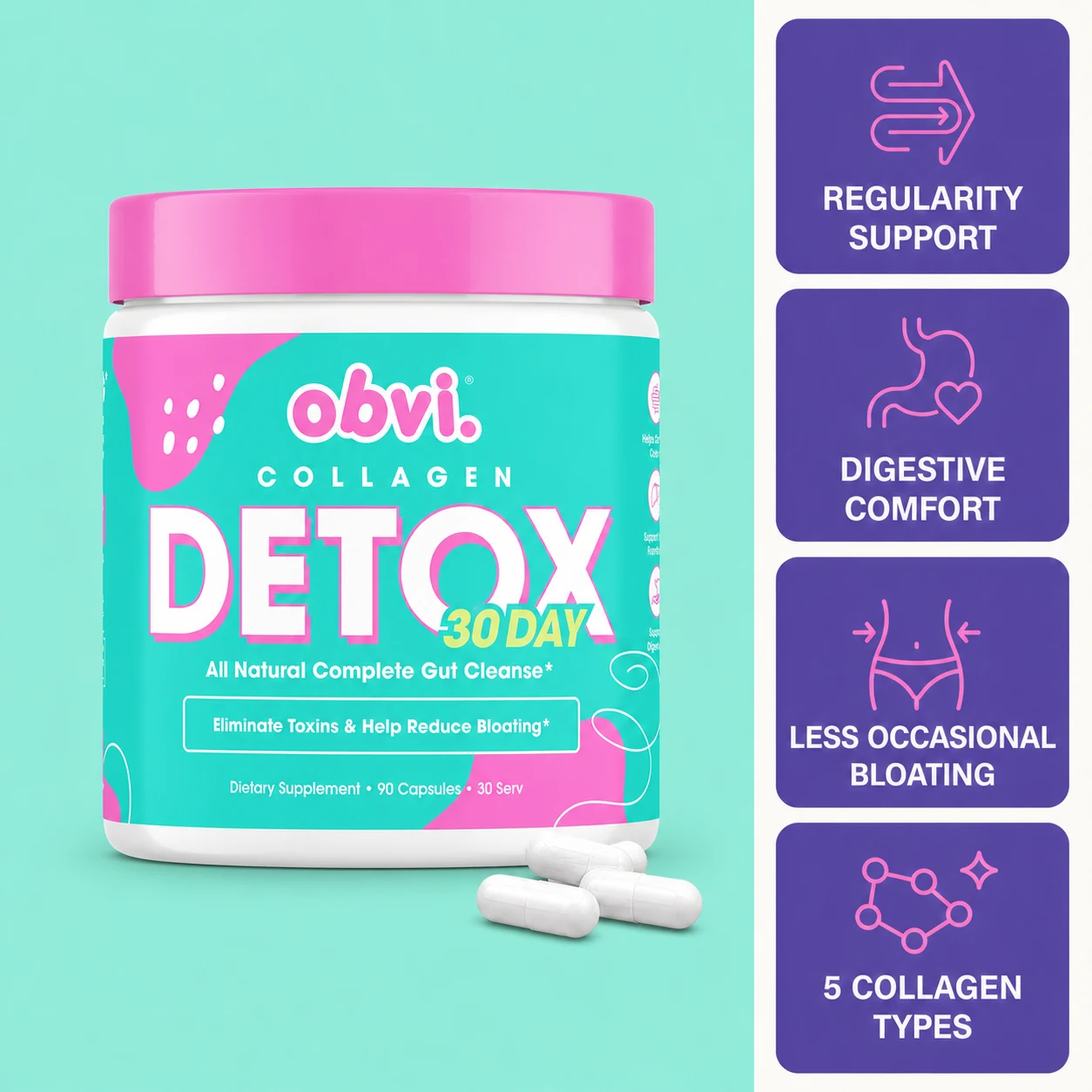 Obvi Collagen Detox jar with capsules beside regularity, digestive comfort, less bloating and five collagen types callouts.