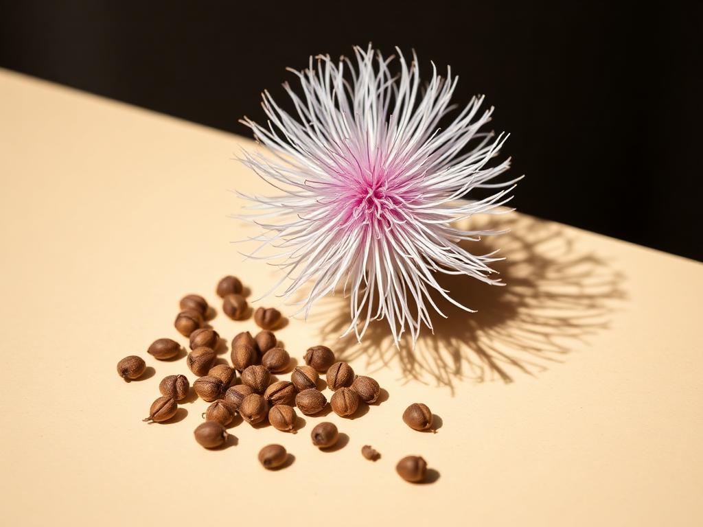 Milk thistle flower with scattered milk thistle seeds on a cream surface.