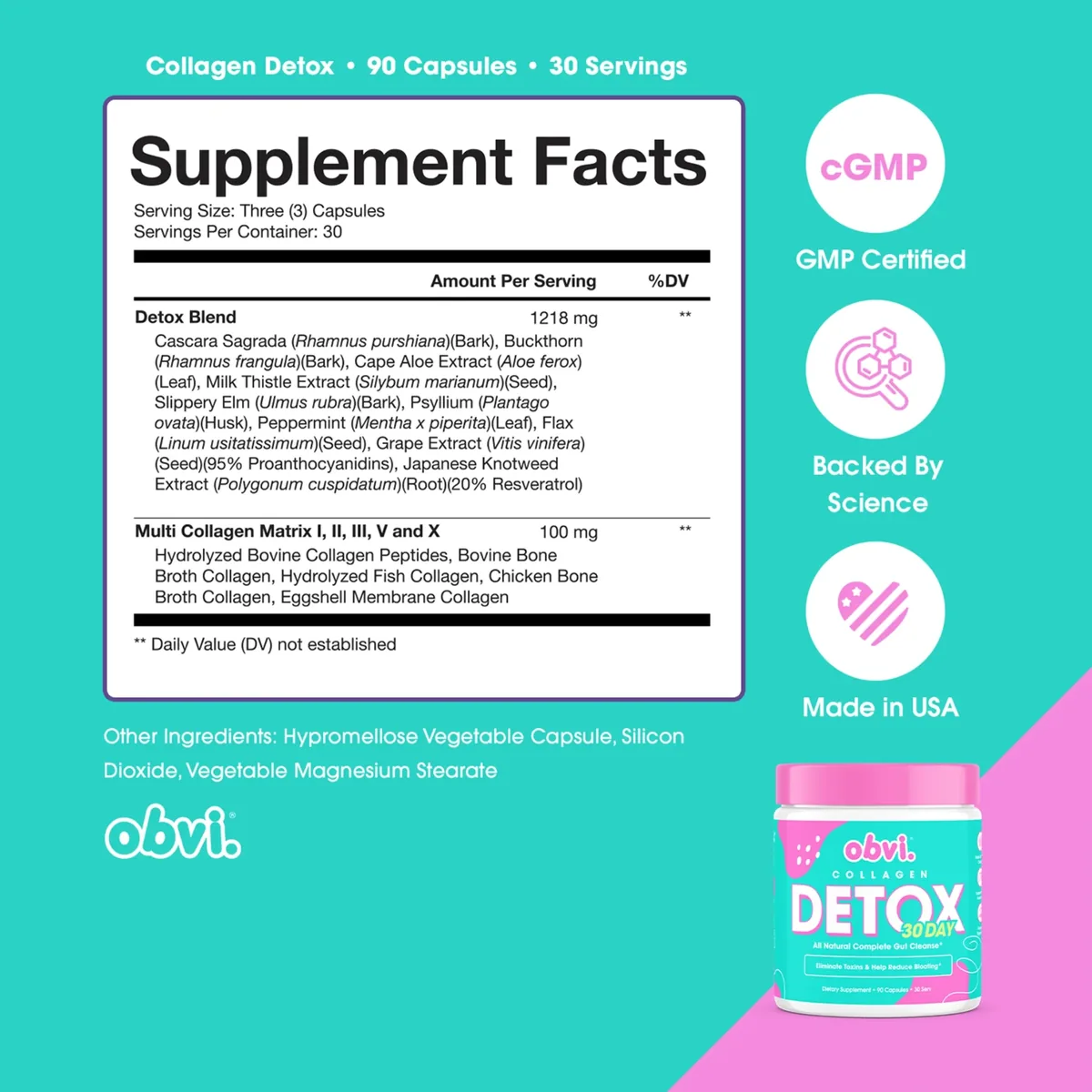 Official Obvi Collagen Detox supplement facts panel listing the detox blend and five-type collagen matrix.