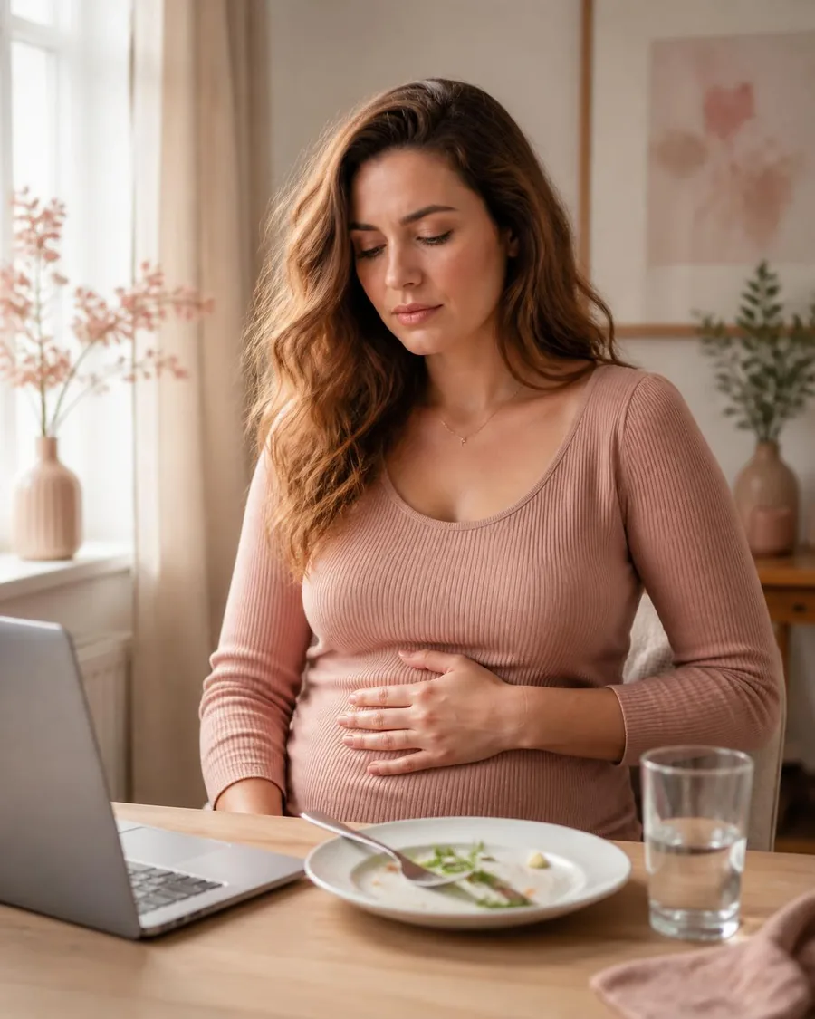 Woman noticing stomach pressure and a tighter waistband during the afternoon.