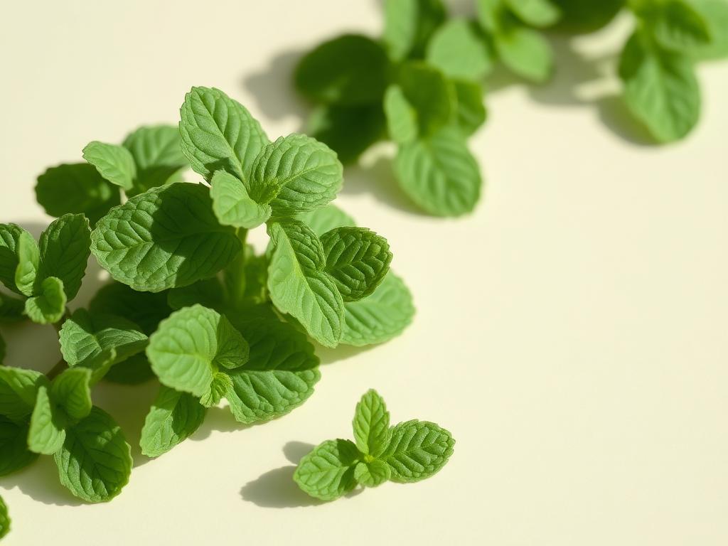 Fresh peppermint leaves on a soft cream and mint surface.