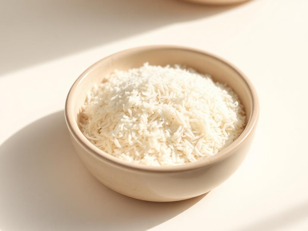 Psyllium husk fiber in a cream ceramic dish on a warm white surface.