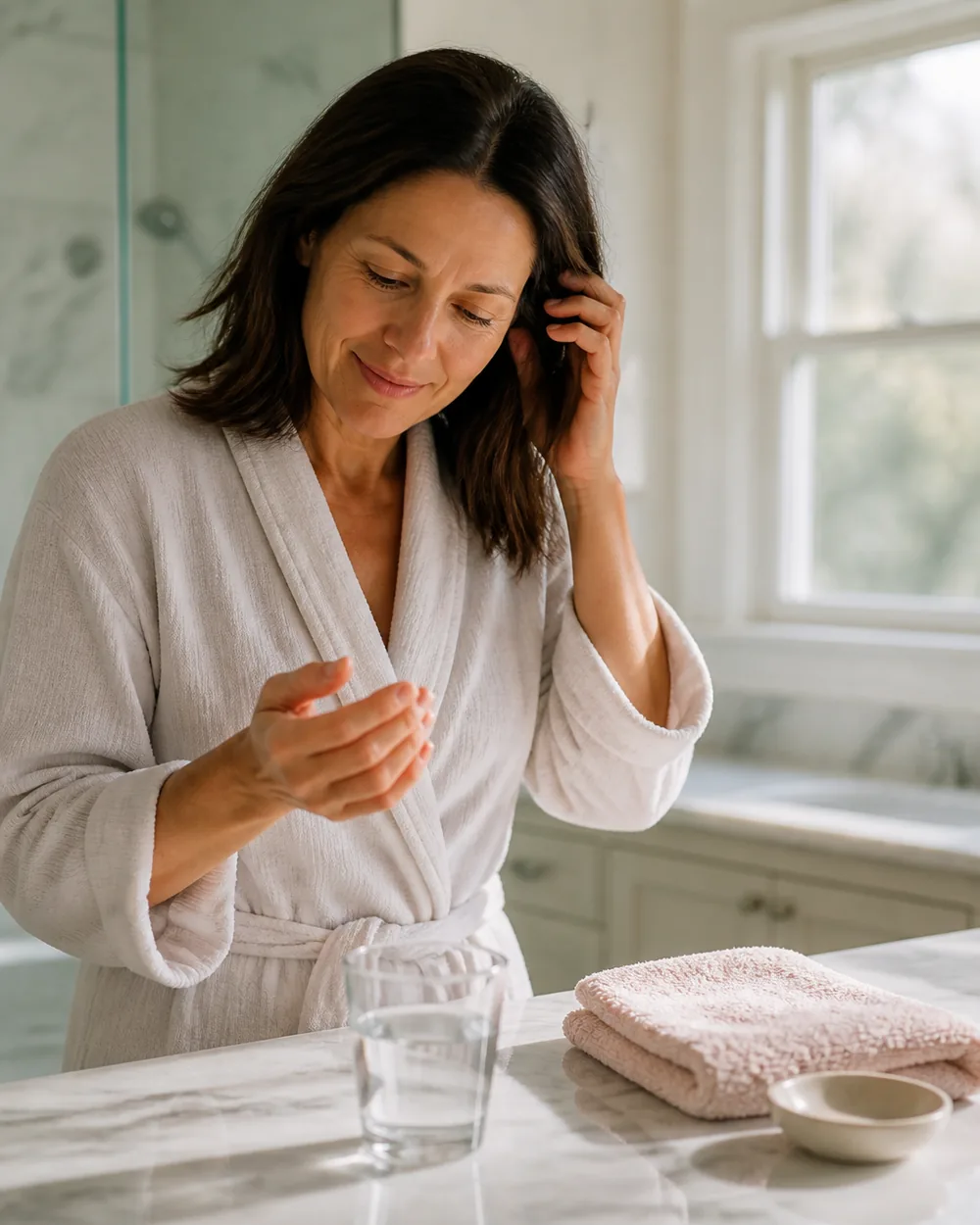 Woman looking at her nails as part of a simple beauty and wellness routine.
