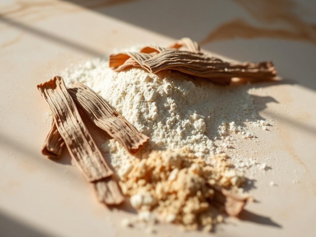Slippery elm bark strips beside finely milled bark powder on a cream surface.